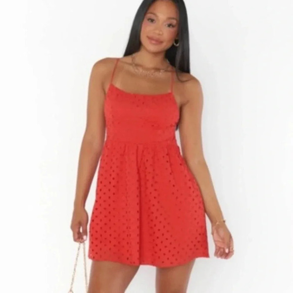 Show me your MUMU orange/red eyelet fit/flare strappy Mini Dress NWT size Medium - Picture 3 of 10